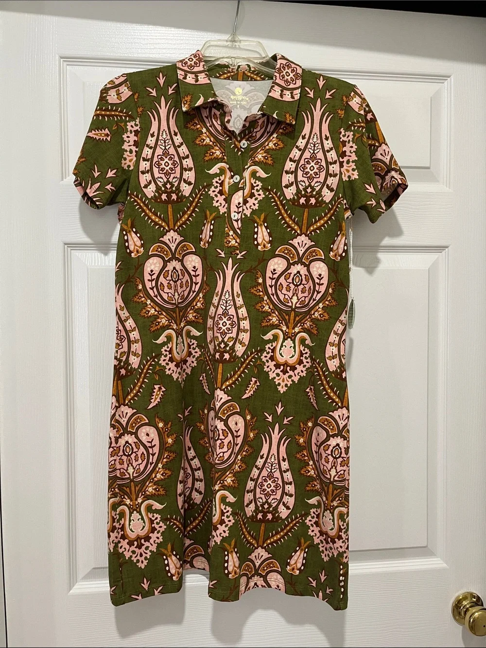 Spartina 449 Olive Green and Pink Short-Sleeve Shirt Dress - Picture 1 of 4